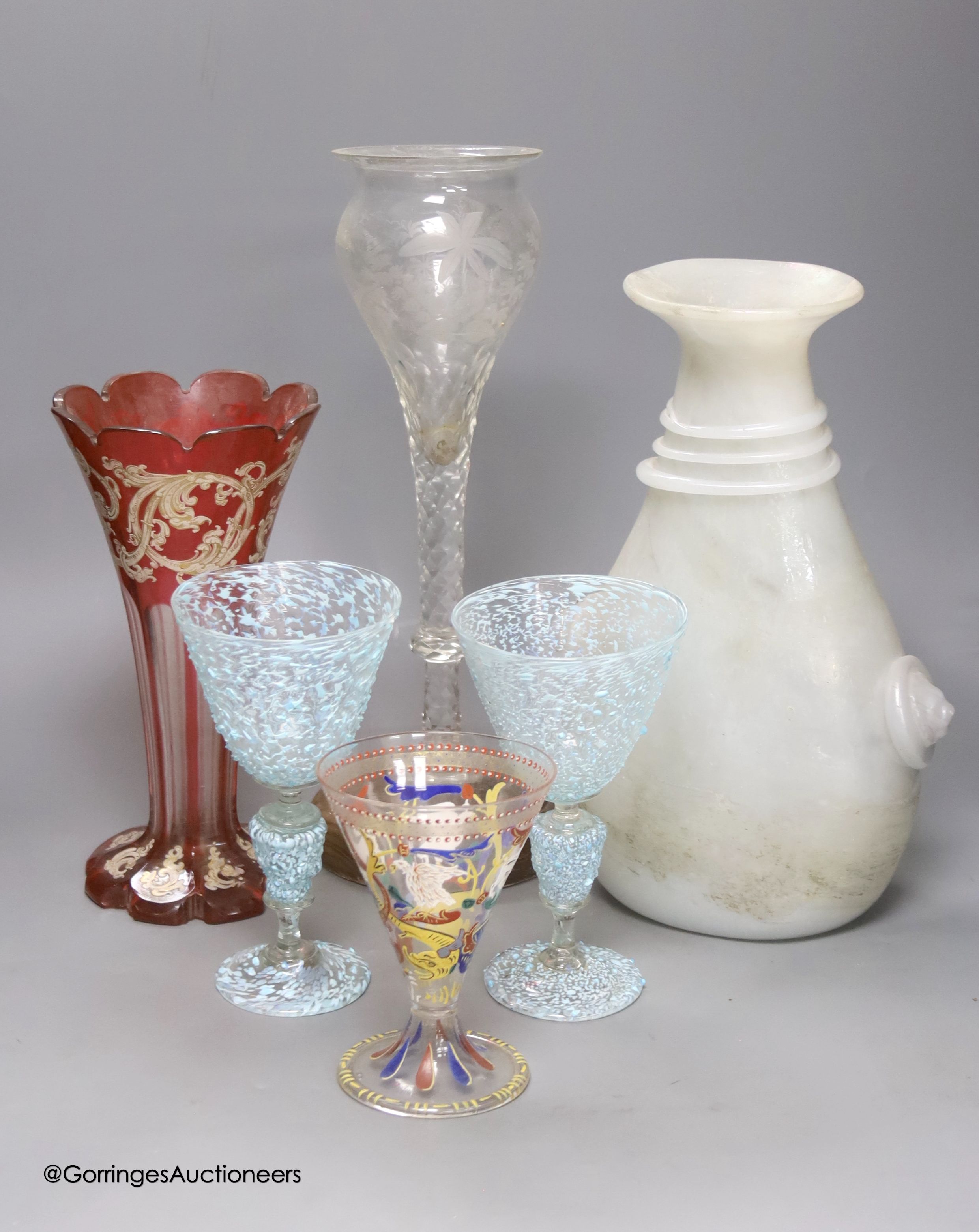 Roman style vase, a pair of goblets, a Bohemian trumpet vase, cut glass vase on stand and a German enamel tinted glass